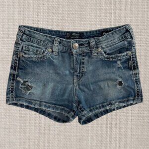Silver Jeans Aiko Mid Short Distressed Frayed Thrashed Ripped Denim Shorts W/30